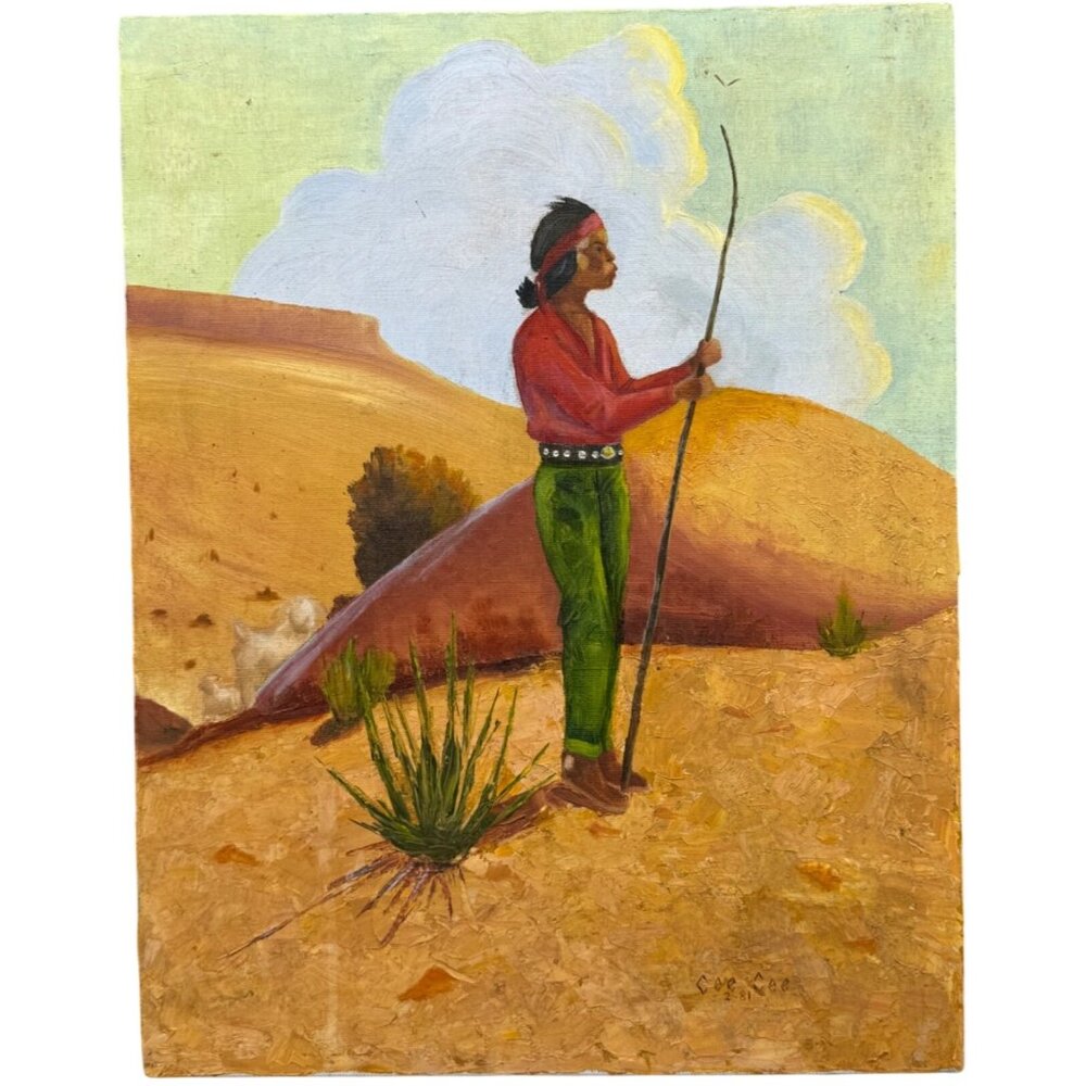 Vintage 1981 Cee Cee Oil Painting Of Native American Man Desert Landscape READ